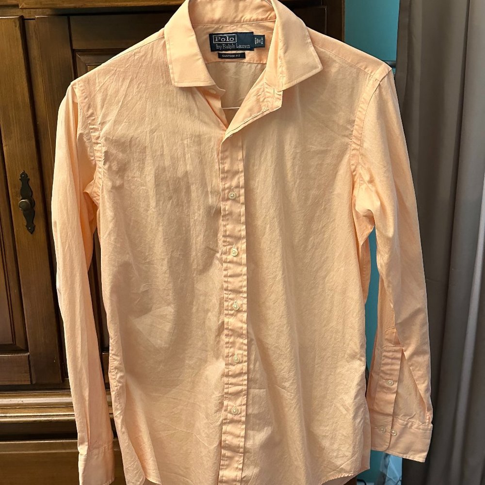 Men's/ teen Polo dress shirt. Peach in color, size medium